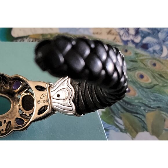 CAROLYN POLLACK RELIOS 925SS Turquoise~Amethyst~Abalone Leather Cuff Bracelet - Picture 5 of 6